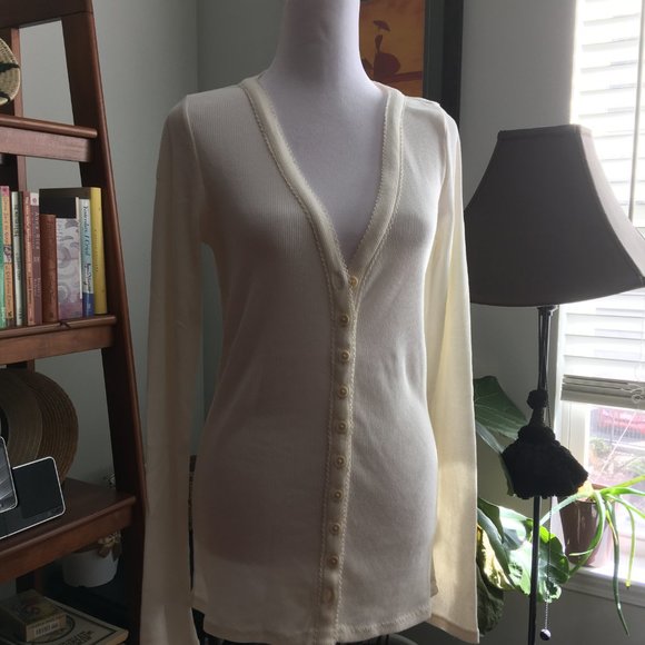 REBECCA TAYLOR Ribbed Pima Cotton Cardigan V-Neck in Oat Size Medium New - Picture 3 of 10